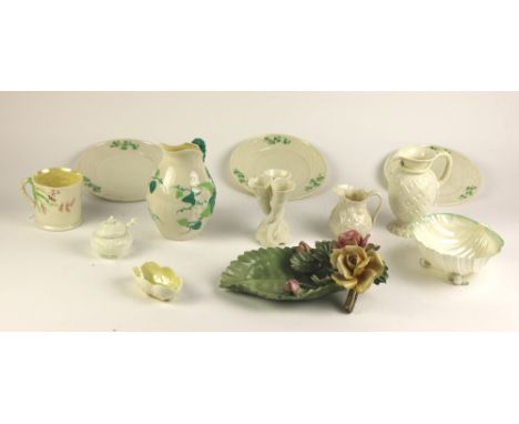 A collection of Belleek Ware, include a First Period rope handled Jug, a First Period shell shaped Sugar Bowl, three Third pe