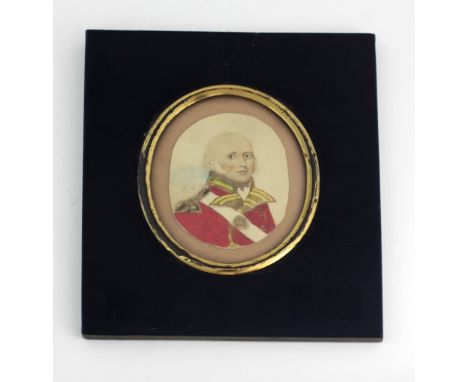 Early 19th Century Irish School Miniature: Oval "Portrait of a Redcoat Officer," in black and gilt frame. (1)
