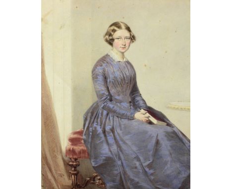 19th Century Italian School"Portrait of an Elegant Young Lady seated by a Table with book in hand," watercolour, approx. 36cm