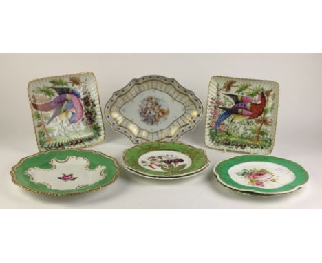 Two attractive painted square gold anchor Plates, decorated with exotic birds, together with five varied floral plates with g