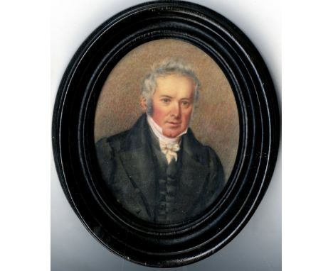 19th Century English SchoolMiniature: A very good oval miniature of a grey haired man with white bow tie, in black waistcoat 