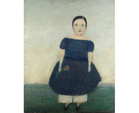 American Naive School, 19th Century"Portrait of a Girl," full length standing in a white dress, O.O.C., approx. 69cms x 59cms