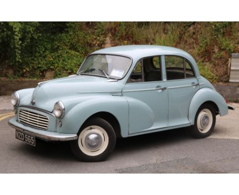 A 1963 Morris Minor, 1000, four cylinder Saloon Car, with leather upholstered interior, coloured sky blue, with registration 