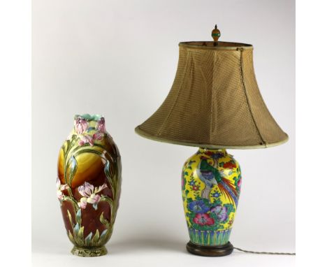 An attractive yellow ground Chinese porcelain Lamp with shade; together with a porcelain floral decorated and embossed Vase. 