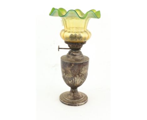 A small unusual English Victorian silver Table Lamp, London c. 1889, of circular form with lower reeded body, height 20cms (8