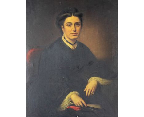 19th Century English SchoolA large "Portrait of a Lady seated in morning Attire wearing necklace and attractive fan in hand (