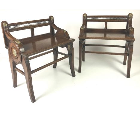 A pair of Victorian oak Hall Seats, by James Shoolbred, the low rail backs with brass gallery above a plain panel seat and ro