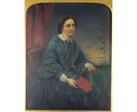 19th Century English School"Portrait of an Elegant Lady seated in blue draped lace dress with white collar and cuffs holding 