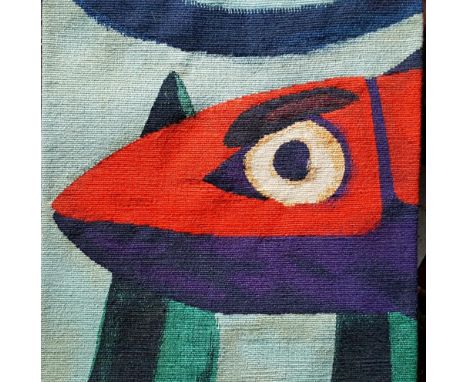 Graham Knuttel, Irish b. 1954"Watching" Tapestry, depicting a fish peering out against  in blue background, mounted and frame
