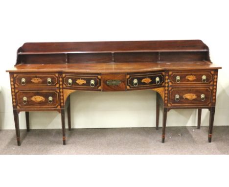 An attractive and fine quality large George III style inlaid Sideboard, the shaped shelf back over a satinwood banded large b