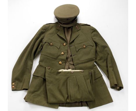 A World War 1 period Green Army Hat "Royal Artillery" with cap badge and leather strap, together with Green Army issue Coatee