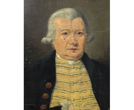 19th Century English School"Head and Shoulder Portrait of Gentleman wearing a mustard waist Jacket and grey wig," O.O.C., app
