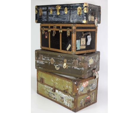 Vintage Luggage: A collection of 5 large leather and brass bound Steam Ship Compartmental Suitcases, many with labels for the