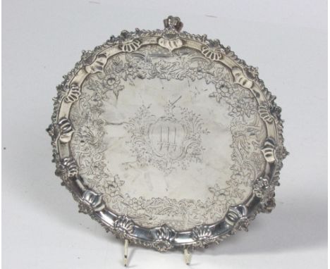 A fine early George III English silver Salver, with gadroon and shell decorated edge and wide engraved border with flowers, s