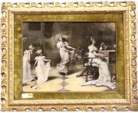 A pair of attractive Victorian Prints on glass, depicting musical scenes, with pierced and decorated gilt frames, approx. 27c