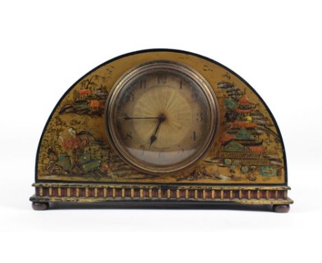 An attractive 19th Century Chinese lacquered Mantle Clock, the semi circular design decorated in typical Chinese taste. (1)Pr