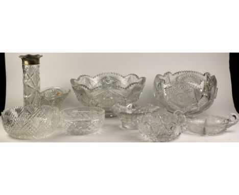 Glassware: A collection of varied sized cutglass Bowls, a compartmented Sweet Meat Bowl, a silver plated mounted Tall Vase, a