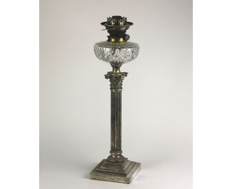 A tall 19th Century silver plated Table Lamp, in the Corinthian style with cutglass bowl, 59cms (23") high. (1)Provenance:  T