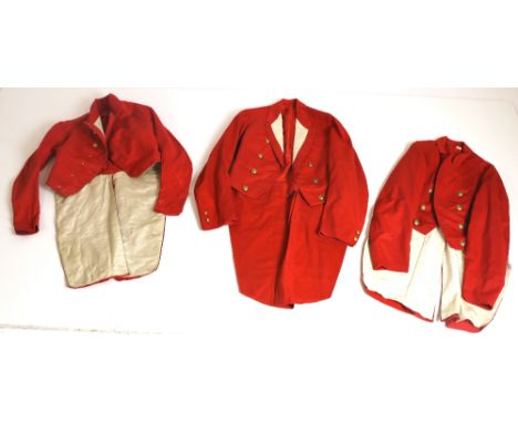 Three late 19th Century red Hunting Tail Coats, with brass 'KHC' buttons for Kildare Hunting Club, and a variety of hunting t
