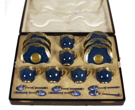 A fine quality cased 6 piece Coffee Service, Royal Worcester, cadet blue highlighted in floral gilt relief, and matching 'Cha