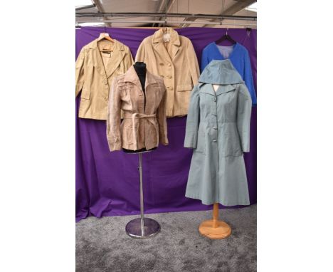 Five ladies vintage coats and jackets including 1970s suede belted coat in taupe.