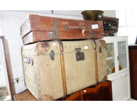 A VINTAGE WOODEN BOUND CABIN TRUNK with leather corners and a large Vintage leather suitcase (2)