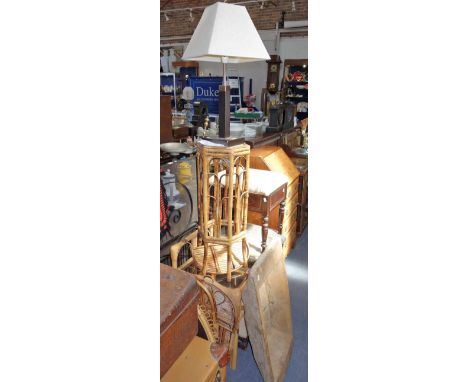 A WOODEN TROUGH, a collection of rattan stands, a sweater drying rack for an Aga, a stool and sundries (as lotted)