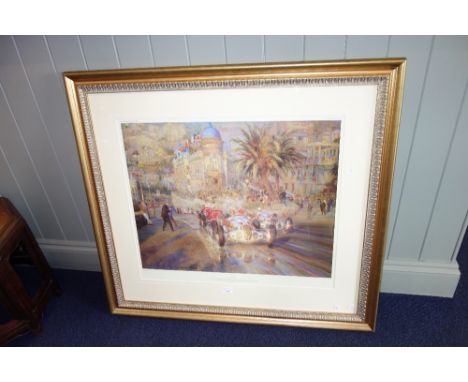 A LIMITED EDITION PRINT 'HAT TRICK' by Alfredo Maria depicting the Monaco Grand Prix, 1937, No. 150/850