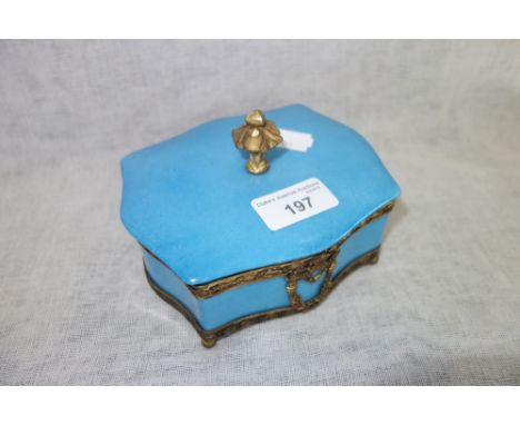 A CONTINENTAL BLUE CERAMIC BOX with gilt mounts