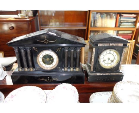 A VICTORIAN SLATE CASED MANTEL CLOCK of architectural form and another similar (2)