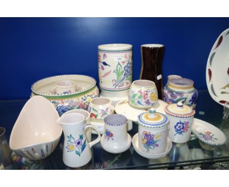 POOLE POTTERY: A BLUEBIRD VASE, 11 cm high and a collection of similar traditionally painted pots vases and ceramics