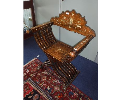 A 19TH CENTURY WALNUT 'SAVONAROLA' CHAIR, with engraved bone inlay, including grotesques and a portrait 