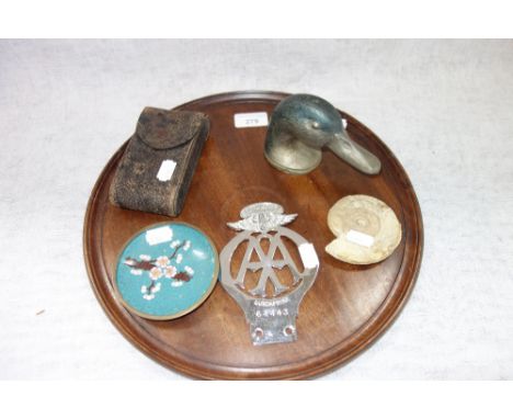 A VINTAGE "SOUTH AFRICA" AA CAR BADGE, a mahogany tray, a Vesta pocket camera and sundries