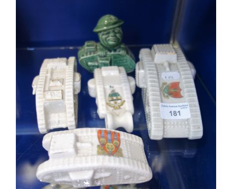 FIRST WORLD WAR INTEREST: A COLLECTION OF CRESTED CHINA, to include a large tank and three smaller (4) and a green glazed tan