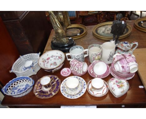 A COLLECTION OF 19TH CENTURY LUSTRE CUPS AND SAUCERS, a collection of cabinet cups, mugs and decorative ceramics