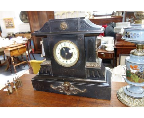 A LARGE VICTORIAN SLATE MANTEL CLOCK of architectural form, 42 cm high