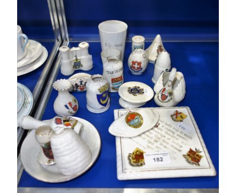 FIRST WORLD WAR INTEREST: A COLLECTION OF CRESTED CHINA, to include a hand grenade, two kit bags and similar crested china