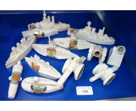 FIRST WORLD WAR INTEREST: A COLLECTION OF CRESTED CHINA, to include "HMS Marlborough, a submarine and guns (13)