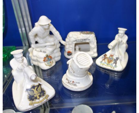FIRST WORLD WAR INTEREST: A COLLECTION OF CRESTED CHINA, to include two machine gunners, "Over the top" and similar (5)