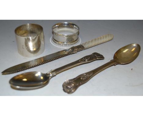 Silver - a pair of teaspoons, London 1856;  a napkin ring etc (5)