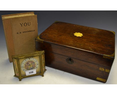 A Victorian rosewood workbox, brass cartouche and bindings; G.S. Arundale 'You' The Theosophical Publishing House, Adyar, Mad