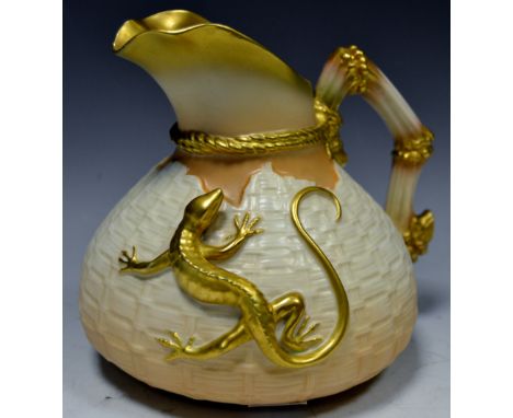 A Royal Worcester blush ivory jug,  gilt branch handle, surmounted with a gilt lizard, puce back stamp