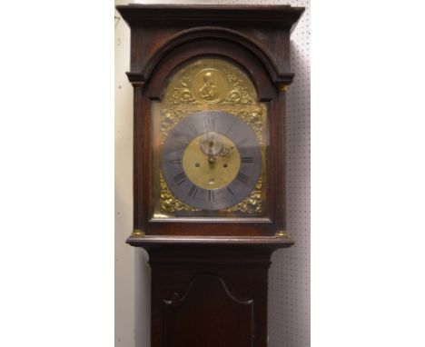 A George II oak longcase clock, 33cm arched brass dial with silvered chapter ring, inscribed Andrew Dickie, Edinburgh, the ar