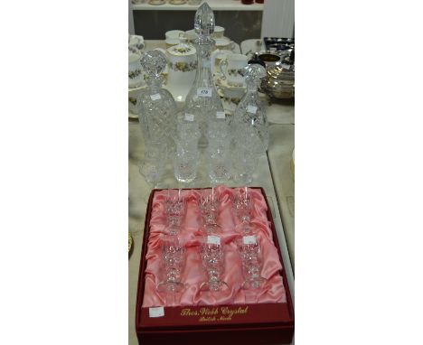 Glassware - a cut glass mallet shaped decanter; others; boxed Webb crystal liqueur glasses;  etc 