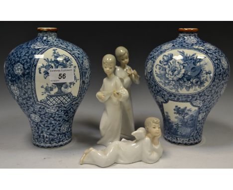 Ceramics - a pair of Royal Bonn Flaminian pattern blue and white floral tapering inverted baluster vases;  impressed and prin