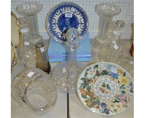 Glass and Ceramics - a pair of Dartington crystal decanters; a cut glass Ships decanter; cut glass basket; Wedgwood commemora