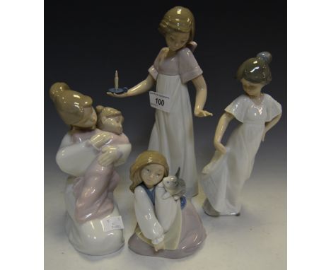 Decorative Ceramics - a Nao figure of a Girl with a pet Rabbit; a Nao figure of a Girl with a chamberstick; others (4)