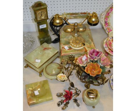 An onyx telephone; onyx cigarette box , table lighter; Capo Di Monte style floral table decorations;  etc qty 