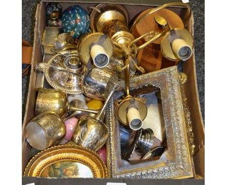 Boxes and Objects - a French brass Egyptian Revival mantel clock base; silver plated goblets; a 1950's teak ice bucket; a pai