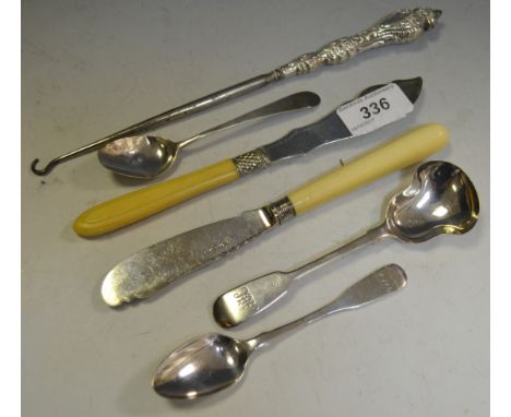 Silver - a Victorian shovel bowl spoon, 1851;  others;  a silver handled button hook knives etc (6)